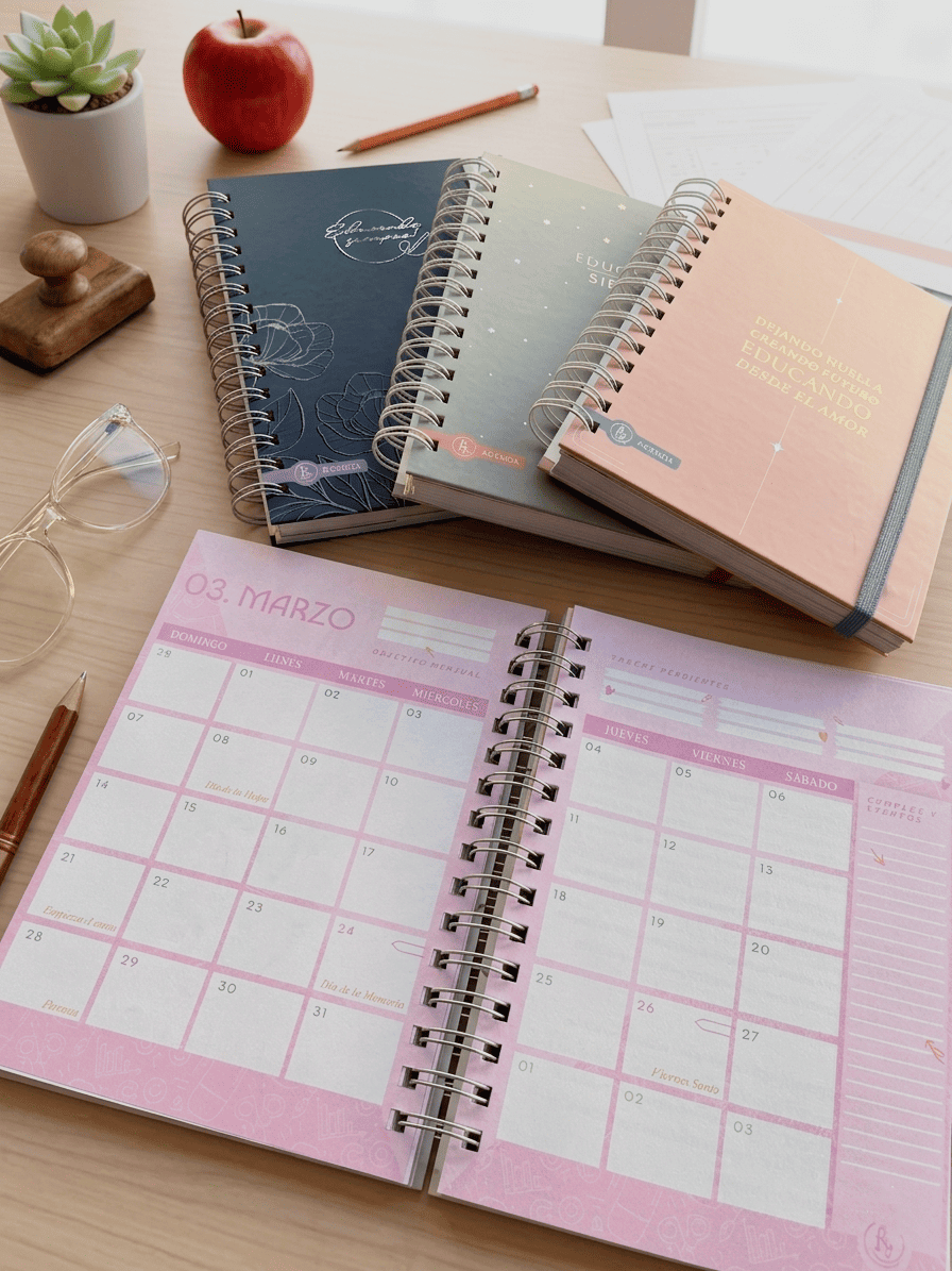 Agenda docente RY con diseño editorial colorido